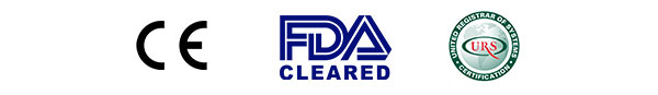 Logos of CE, FDA - Cleared, URS - Certification